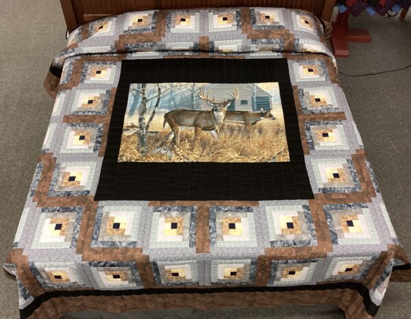 Buck with Deer Log Cabin Hand Quilted King Size