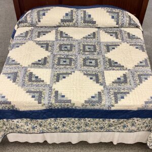 Log Cabin Star Hand Quilted King Size Quilt in Shades of Blue & White.